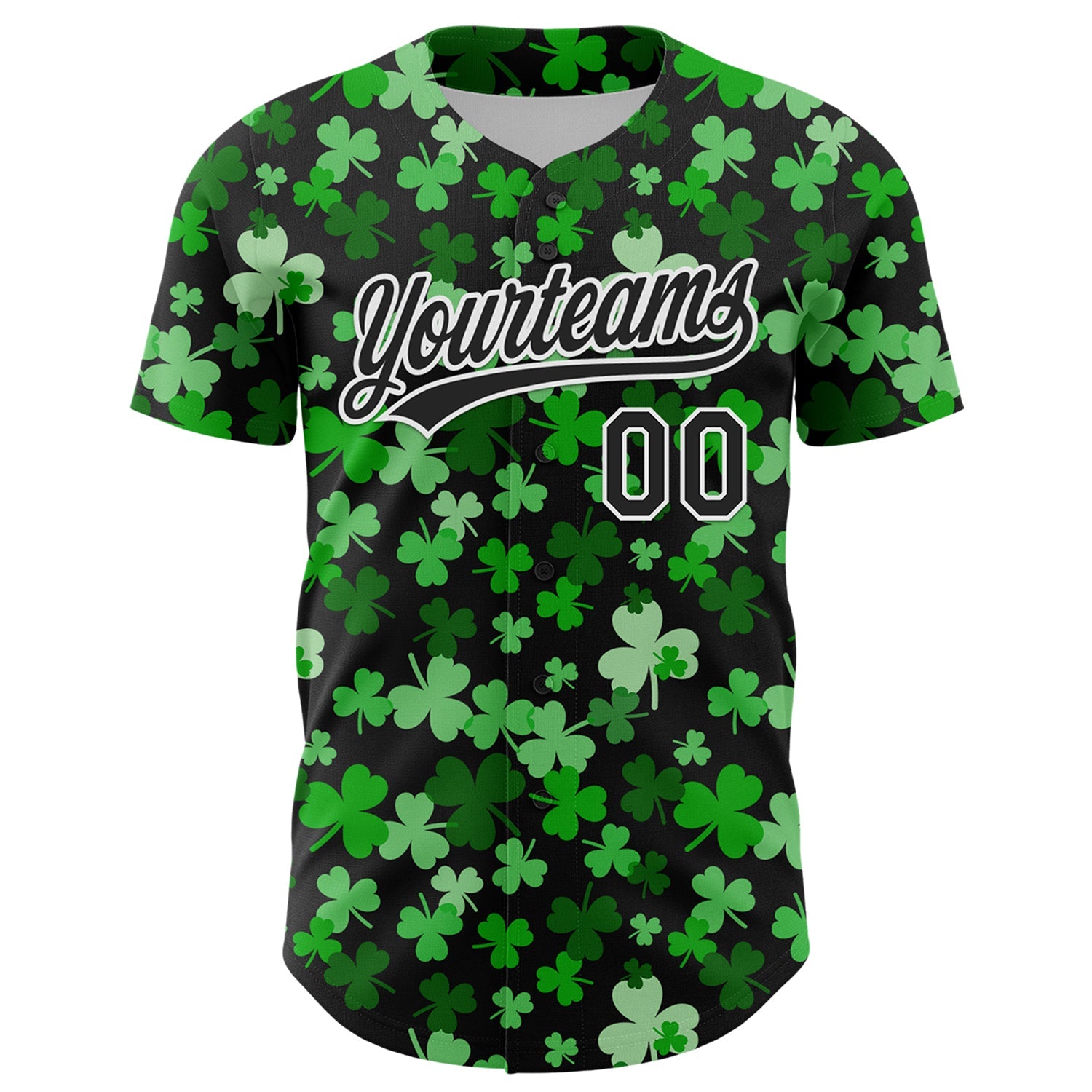 Custom Black White 3D St. Patrick's Day Shamrock Authentic Baseball Jersey view 2