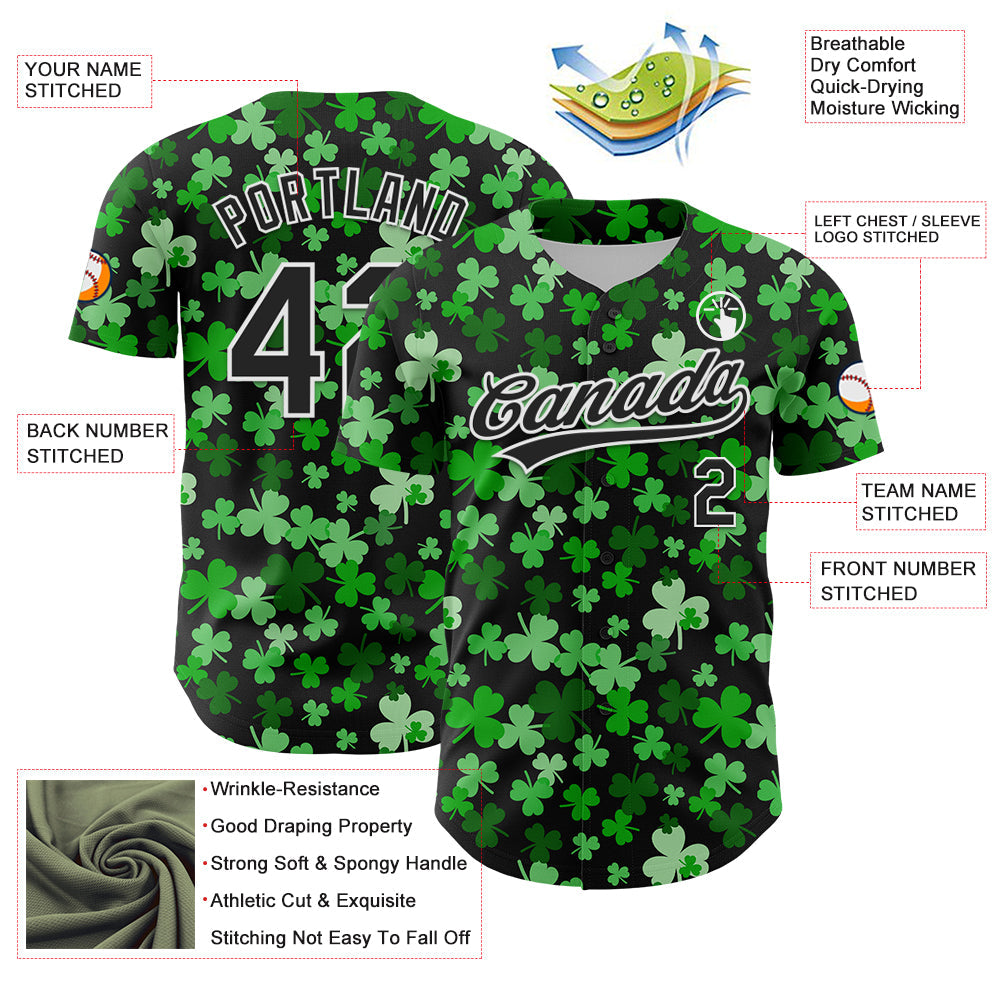 Custom Black White 3D St. Patrick's Day Shamrock Authentic Baseball Jersey view 3