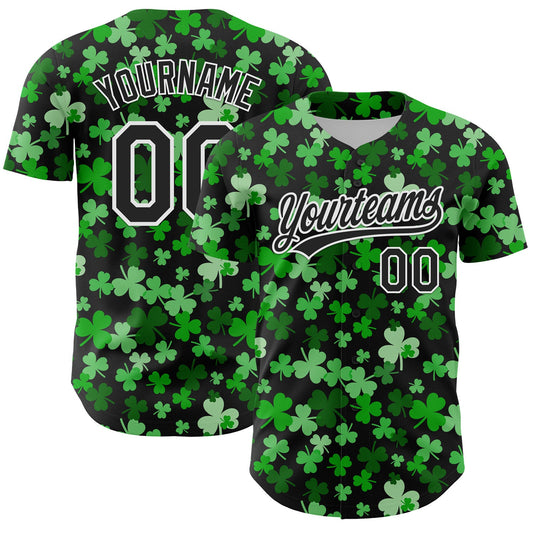 Custom Black White 3D St. Patrick's Day Shamrock Authentic Baseball Jersey - Main View