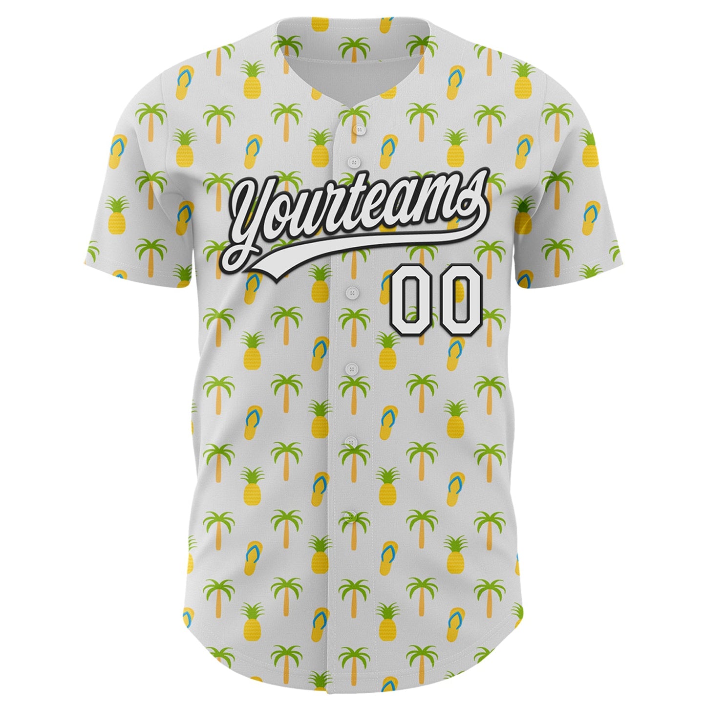 Custom White Black 3D Hawaii Tropical Palm Tree And Fruit Pineapple Authentic Baseball Jersey view 2