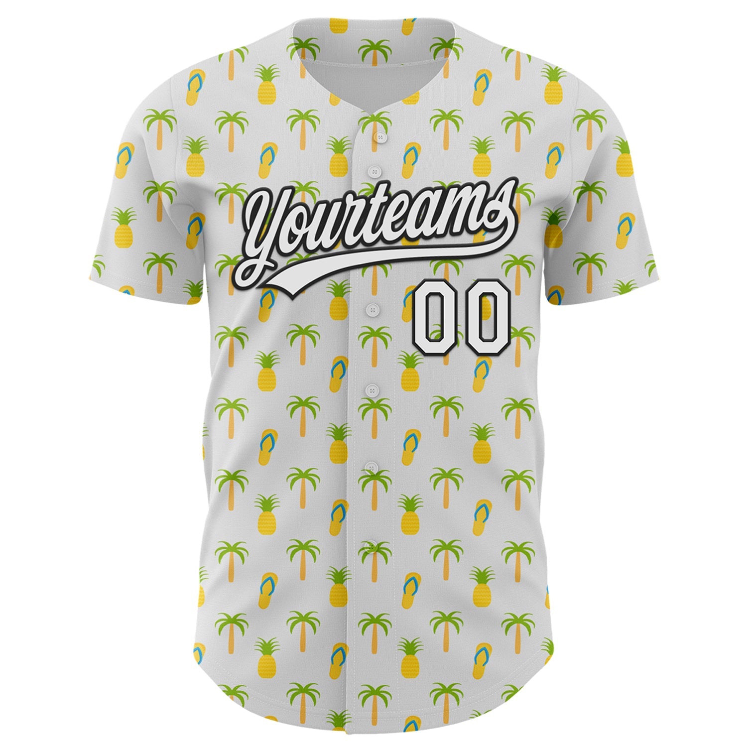 Custom White Black 3D Hawaii Tropical Palm Tree And Fruit Pineapple Authentic Baseball Jersey view 2