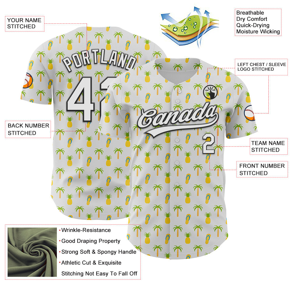 Custom White Black 3D Hawaii Tropical Palm Tree And Fruit Pineapple Authentic Baseball Jersey view 3
