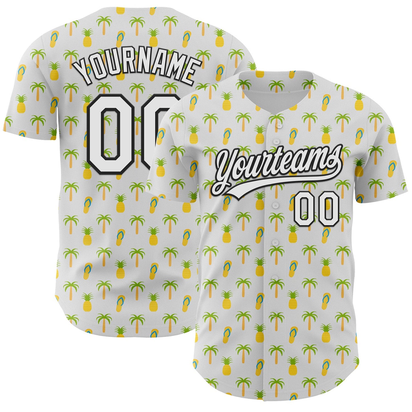 Custom White Black 3D Hawaii Tropical Palm Tree And Fruit Pineapple Authentic Baseball Jersey - Main View