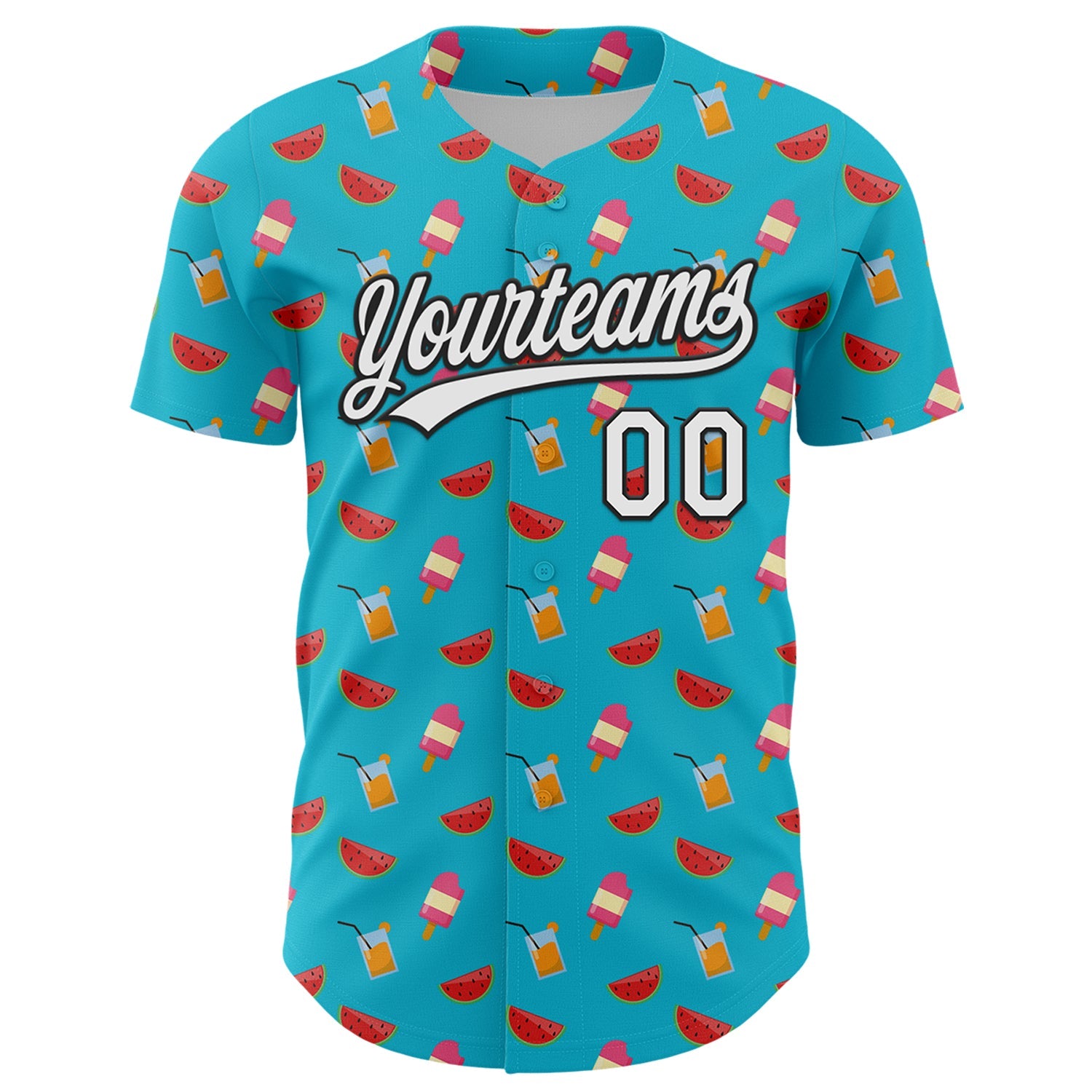 Custom Lakes Blue White-Black 3D Hawaii Fruit Watermelon And Ice Cream Authentic Baseball Jersey view 2