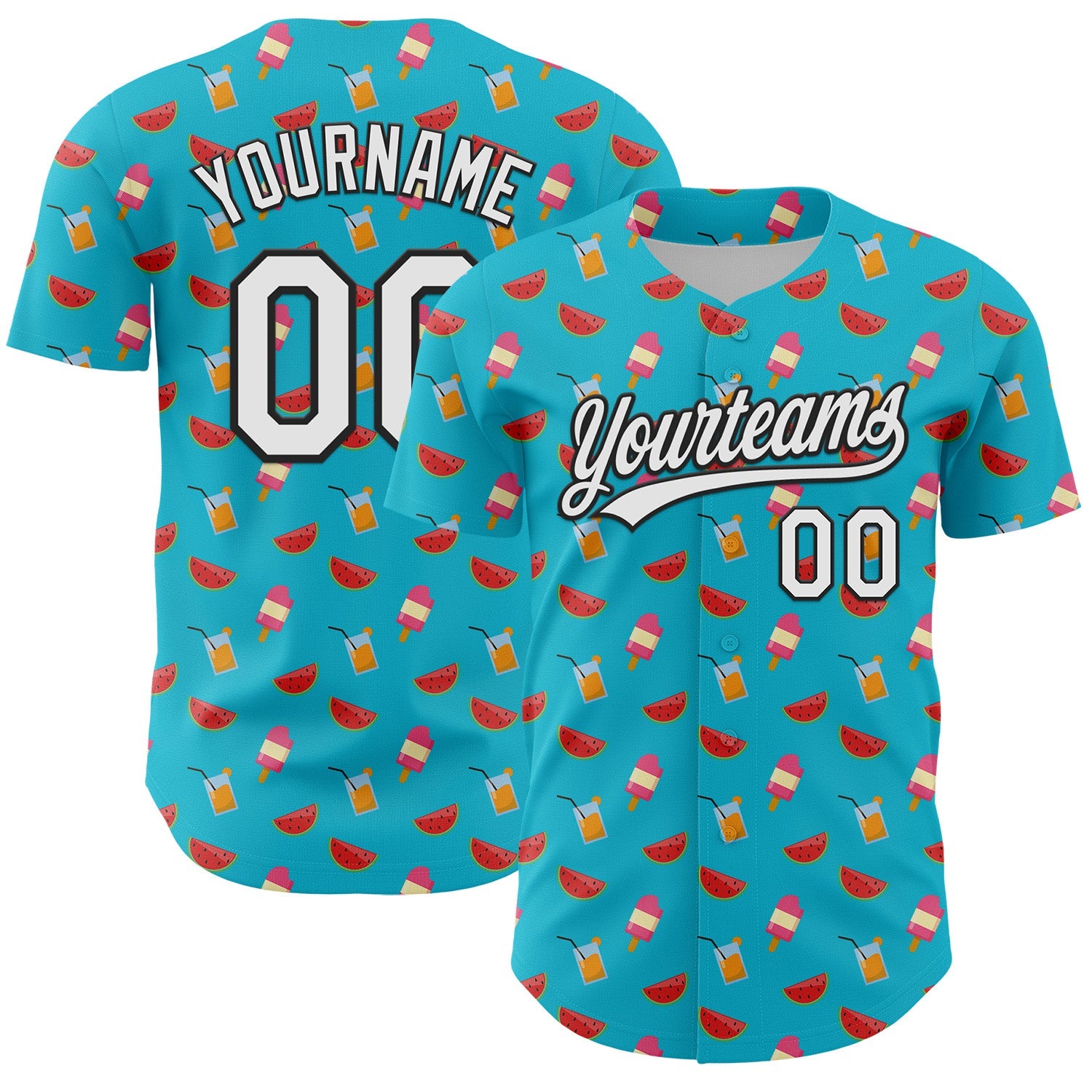 Custom Lakes Blue White-Black 3D Hawaii Fruit Watermelon And Ice Cream Authentic Baseball Jersey - Main View