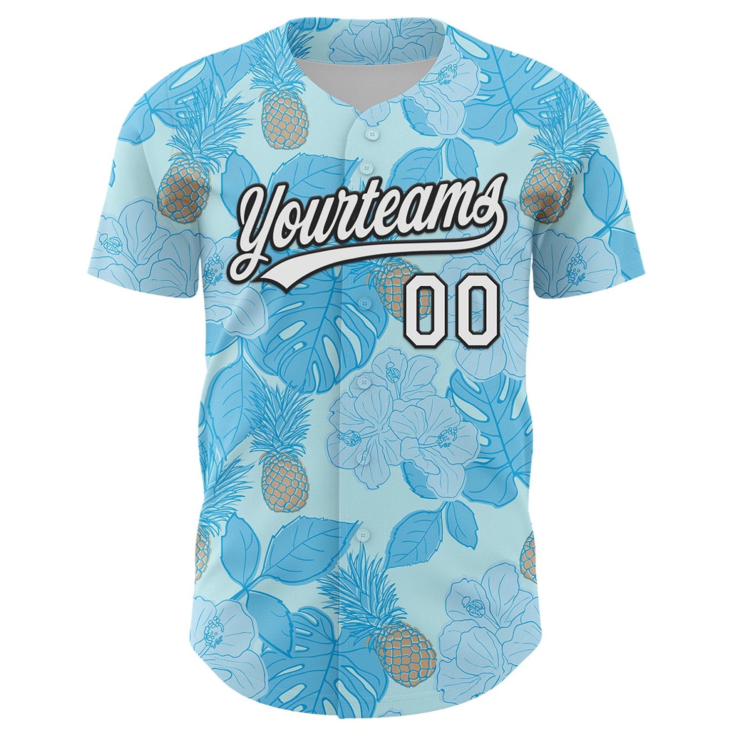 Custom Ice Blue White-Black 3D Hawaii Tropical Palm Leaves And Fruit Pineapple Authentic Baseball Jersey view 2