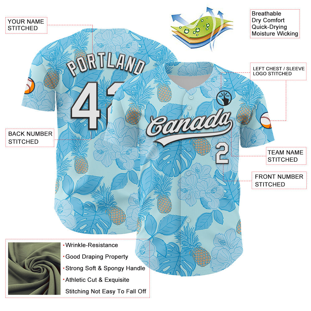 Custom Ice Blue White-Black 3D Hawaii Tropical Palm Leaves And Fruit Pineapple Authentic Baseball Jersey view 3