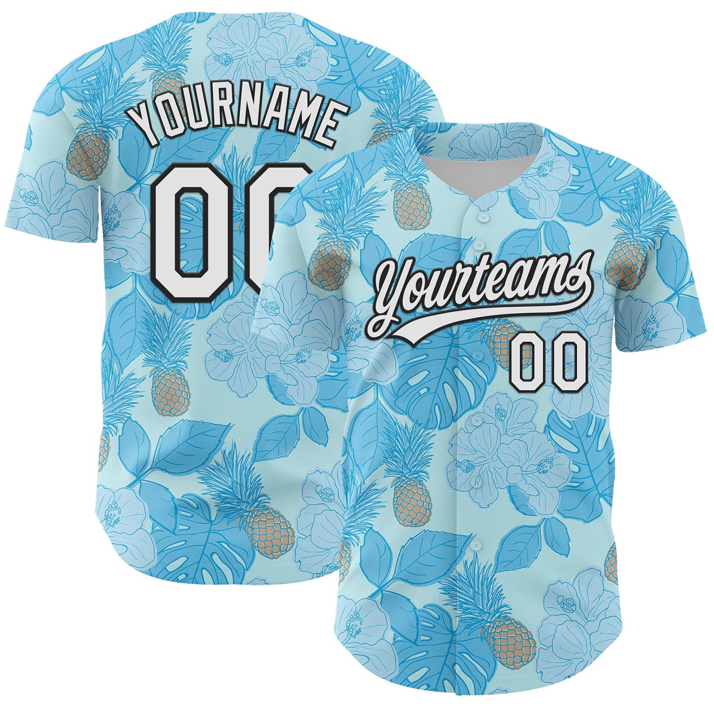 Custom Ice Blue White-Black 3D Hawaii Tropical Palm Leaves And Fruit Pineapple Authentic Baseball Jersey - Main View