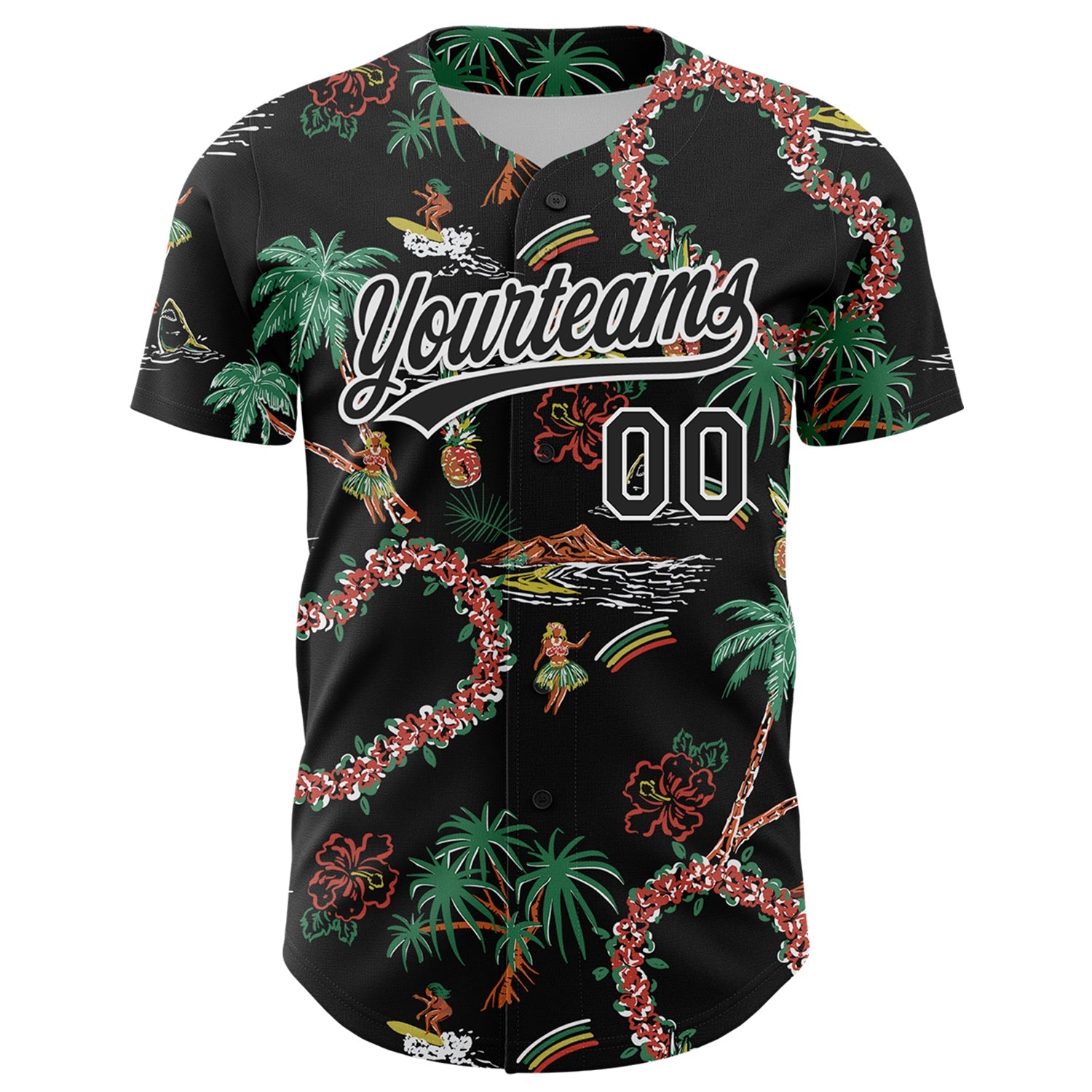 Custom Black White 3D Hawaii Island Tropical Palm Tree And Flower Authentic Baseball Jersey view 2