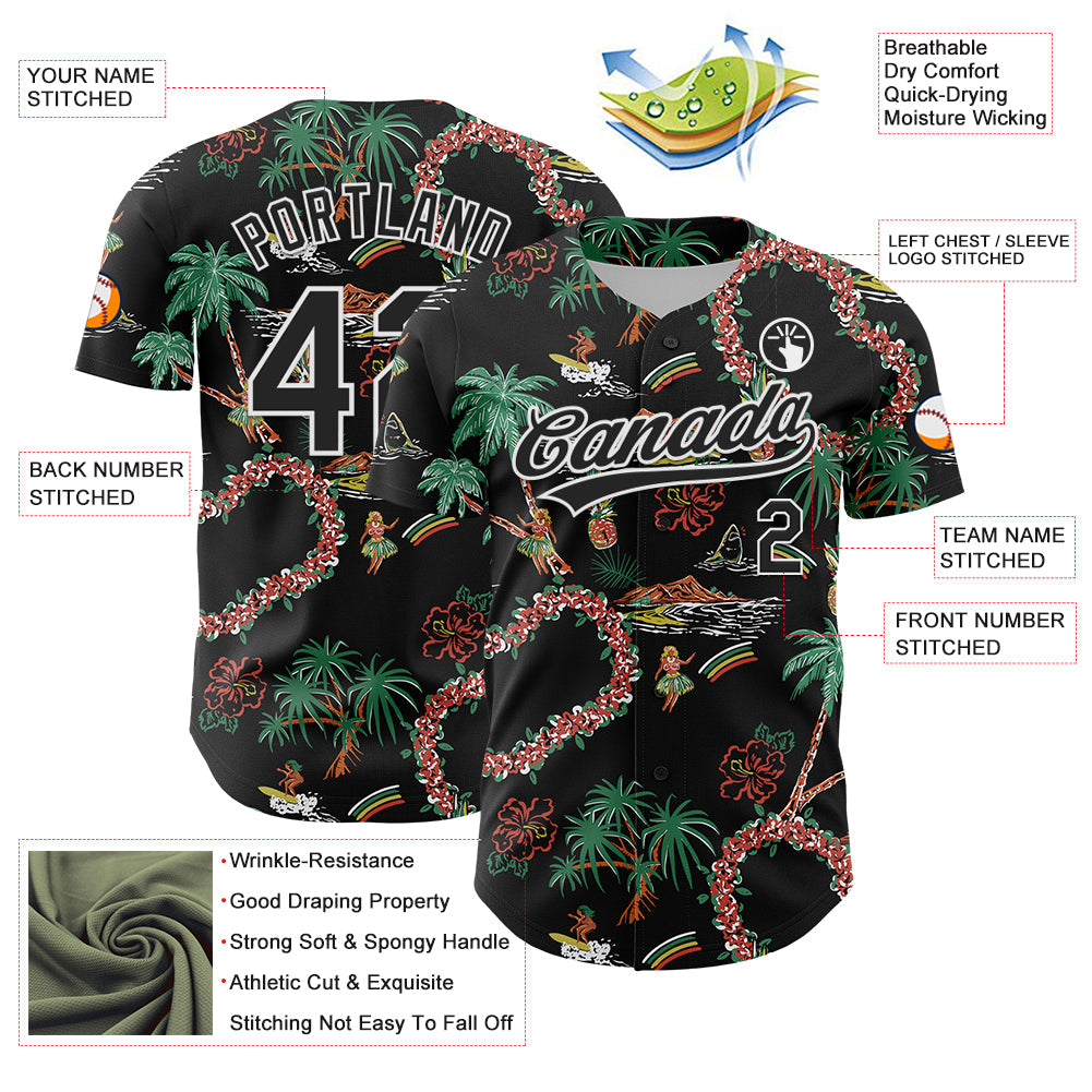 Custom Black White 3D Hawaii Island Tropical Palm Tree And Flower Authentic Baseball Jersey view 3