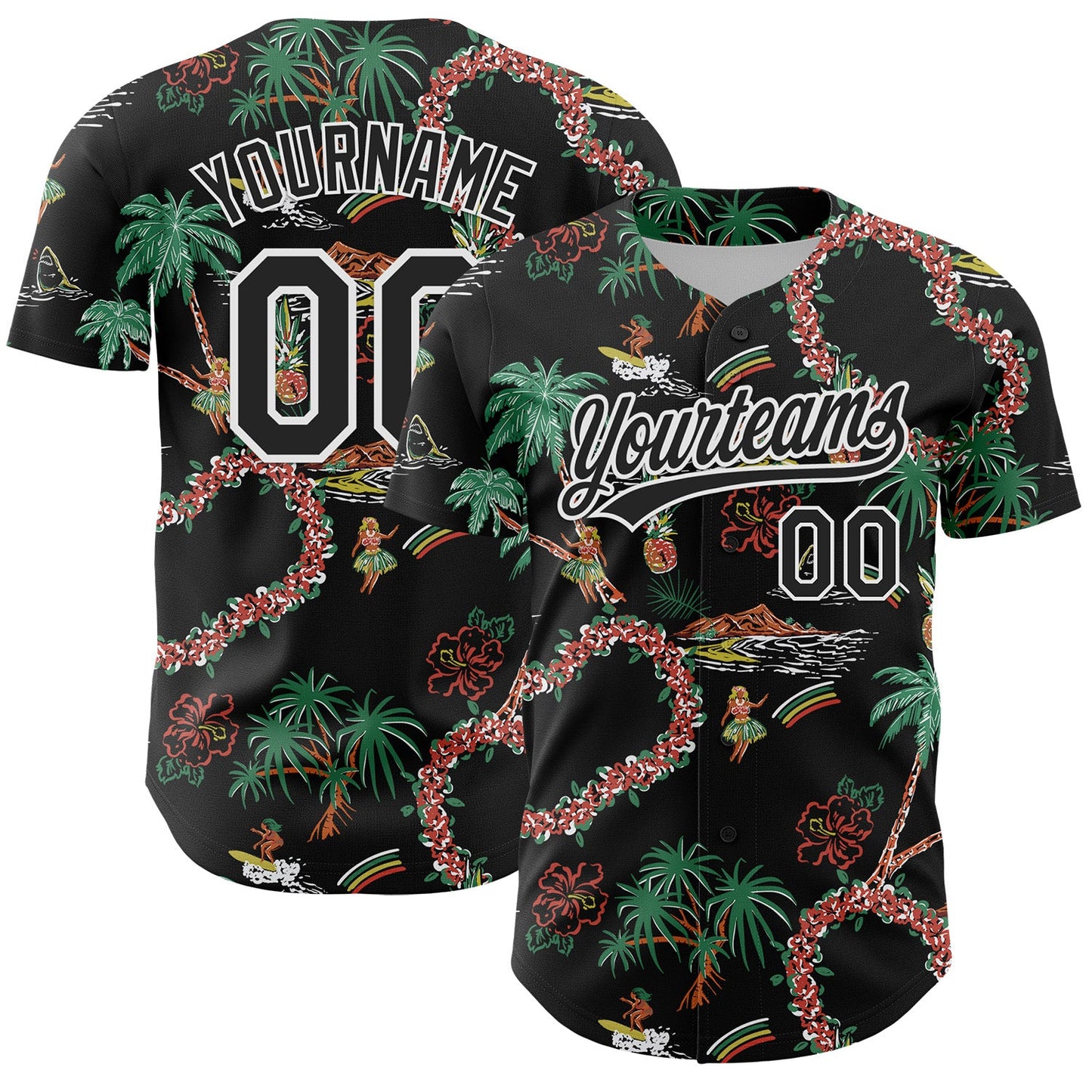 Custom Black White 3D Hawaii Island Tropical Palm Tree And Flower Authentic Baseball Jersey - Main View