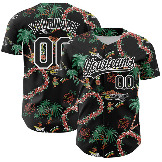 Custom Black White 3D Hawaii Island Tropical Palm Tree And Flower Authentic Baseball Jersey - Main View