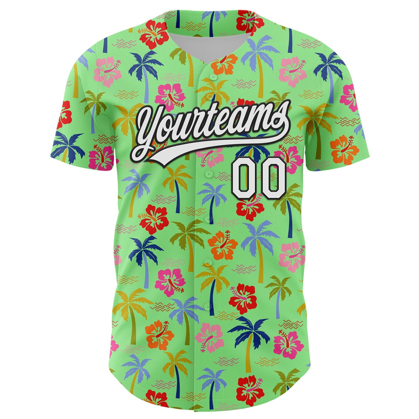 Custom Pea Green White-Black 3D Hawaii Tropical Palm Tree And Flower Authentic Baseball Jersey view 2