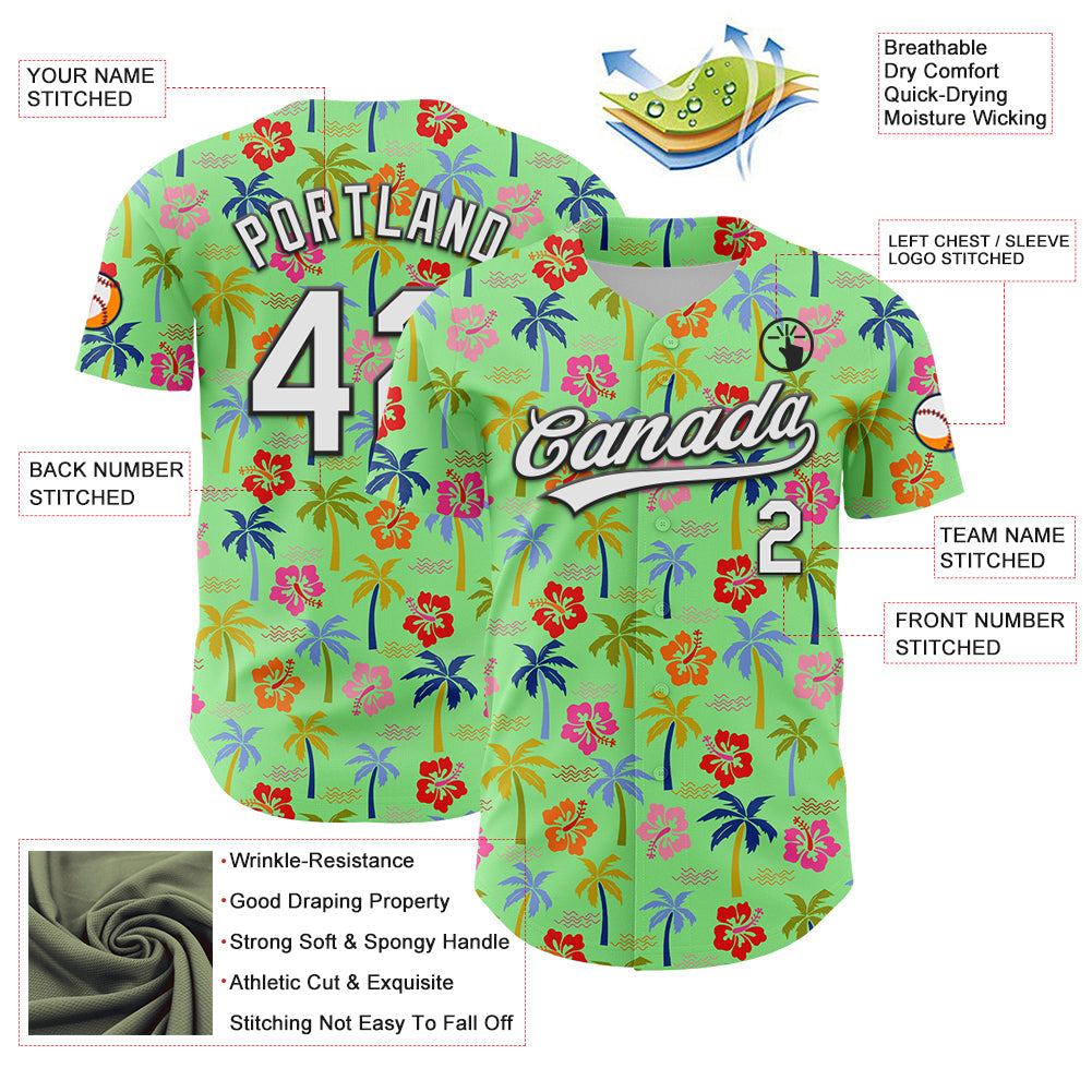 Custom Pea Green White-Black 3D Hawaii Tropical Palm Tree And Flower Authentic Baseball Jersey view 3