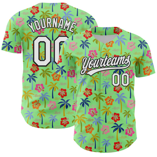 Custom Pea Green White-Black 3D Hawaii Tropical Palm Tree And Flower Authentic Baseball Jersey - Main View