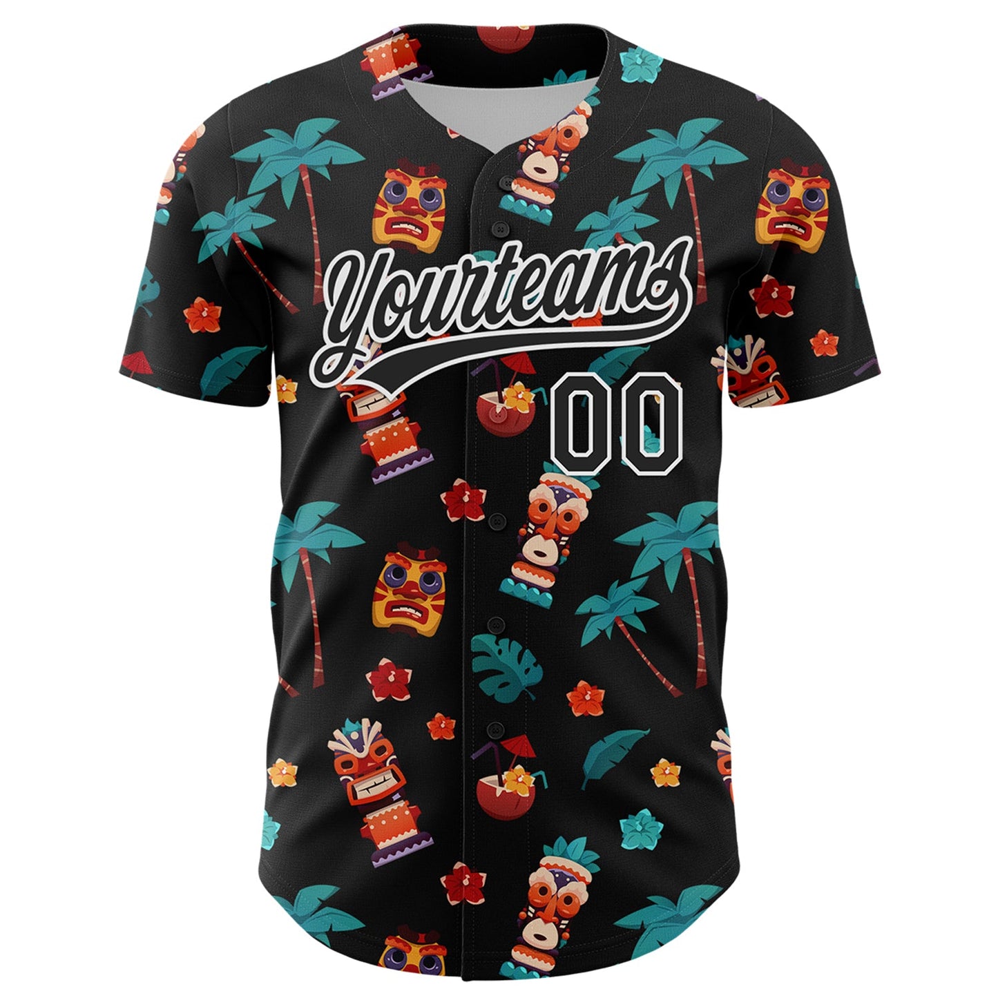 Custom Black White 3D Hawaii Tropical Palm Tree Flower And Tiki Mask Authentic Baseball Jersey view 2