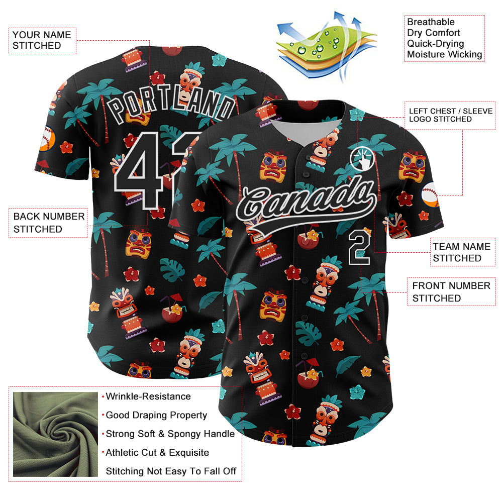 Custom Black White 3D Hawaii Tropical Palm Tree Flower And Tiki Mask Authentic Baseball Jersey view 3