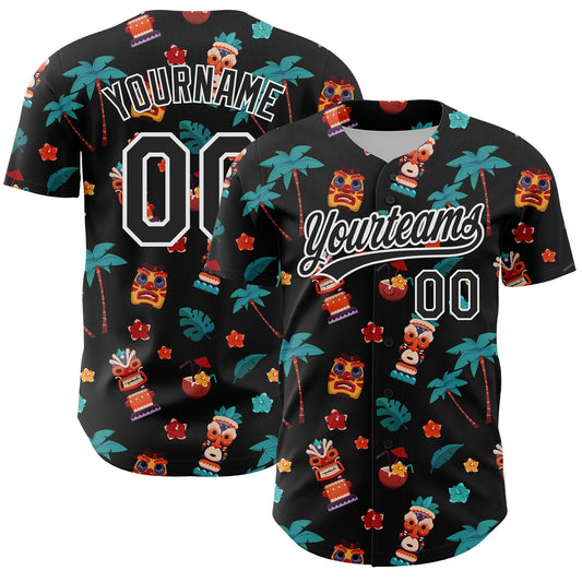 Custom Black White 3D Hawaii Tropical Palm Tree Flower And Tiki Mask Authentic Baseball Jersey - Main View