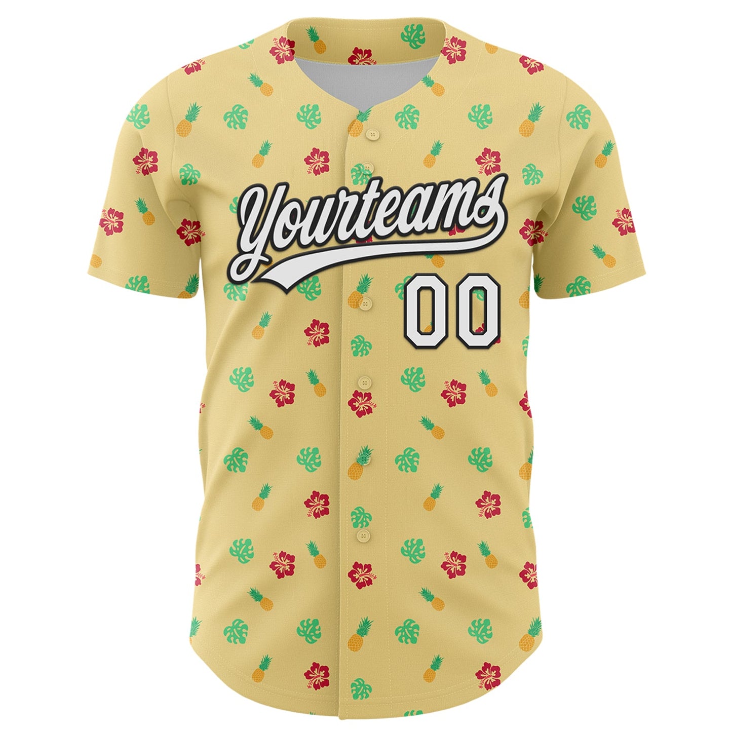 Custom Yellow White-Black 3D Hawaii Tropical Palm Leaves And Fruit Pineapple Authentic Baseball Jersey view 2