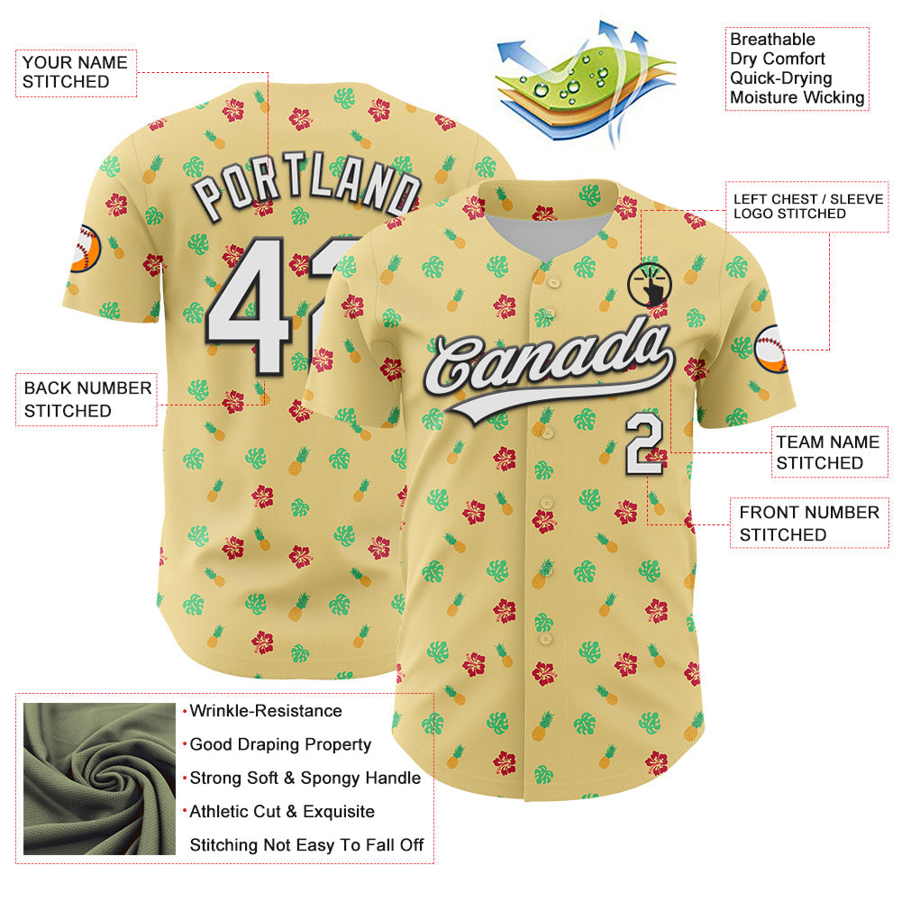 Custom Yellow White-Black 3D Hawaii Tropical Palm Leaves And Fruit Pineapple Authentic Baseball Jersey view 3