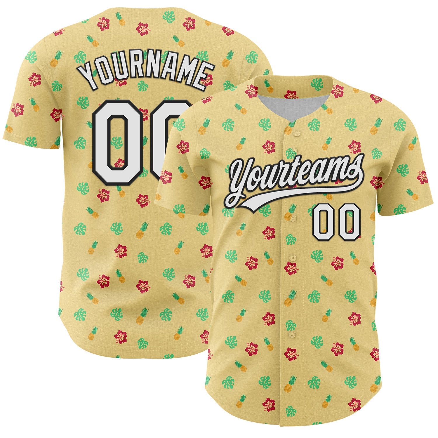 Custom Yellow White-Black 3D Hawaii Tropical Palm Leaves And Fruit Pineapple Authentic Baseball Jersey - Main View