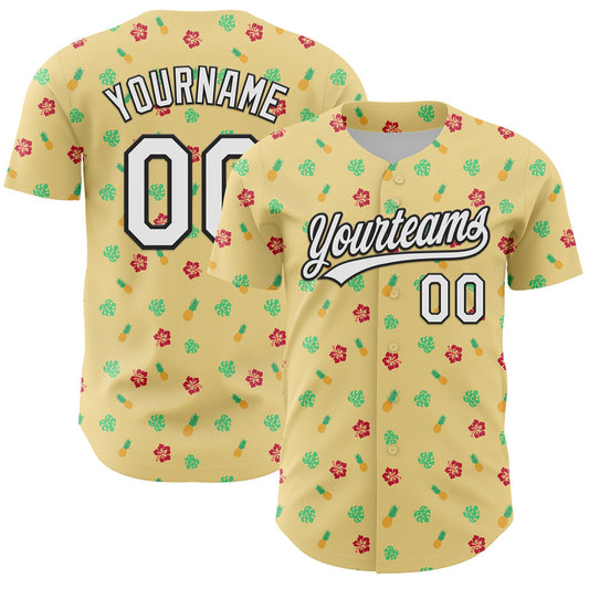 Custom Yellow White-Black 3D Hawaii Tropical Palm Leaves And Fruit Pineapple Authentic Baseball Jersey - Main View