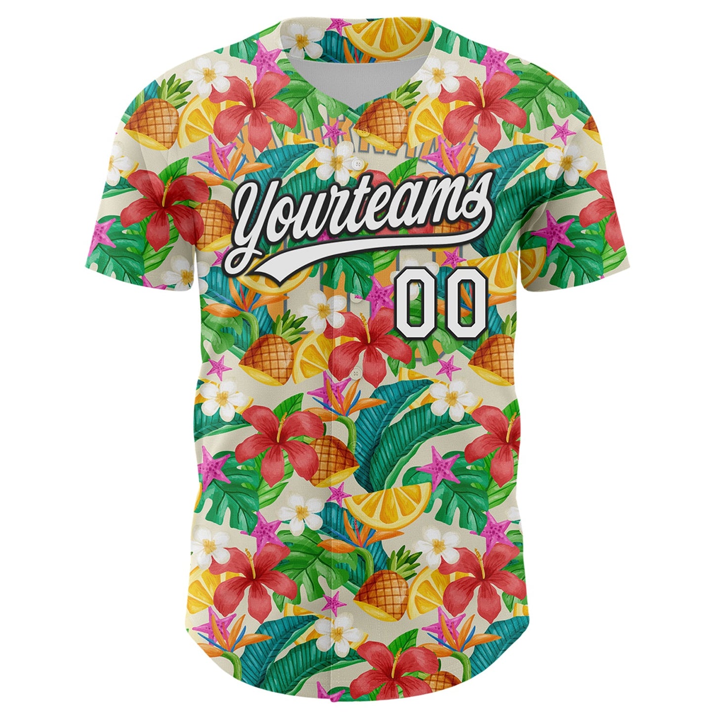 Custom Yellow White-Black 3D Hawaii Tropical Palm Leaves Flower And Fruit Pineapple Authentic Baseball Jersey view 2