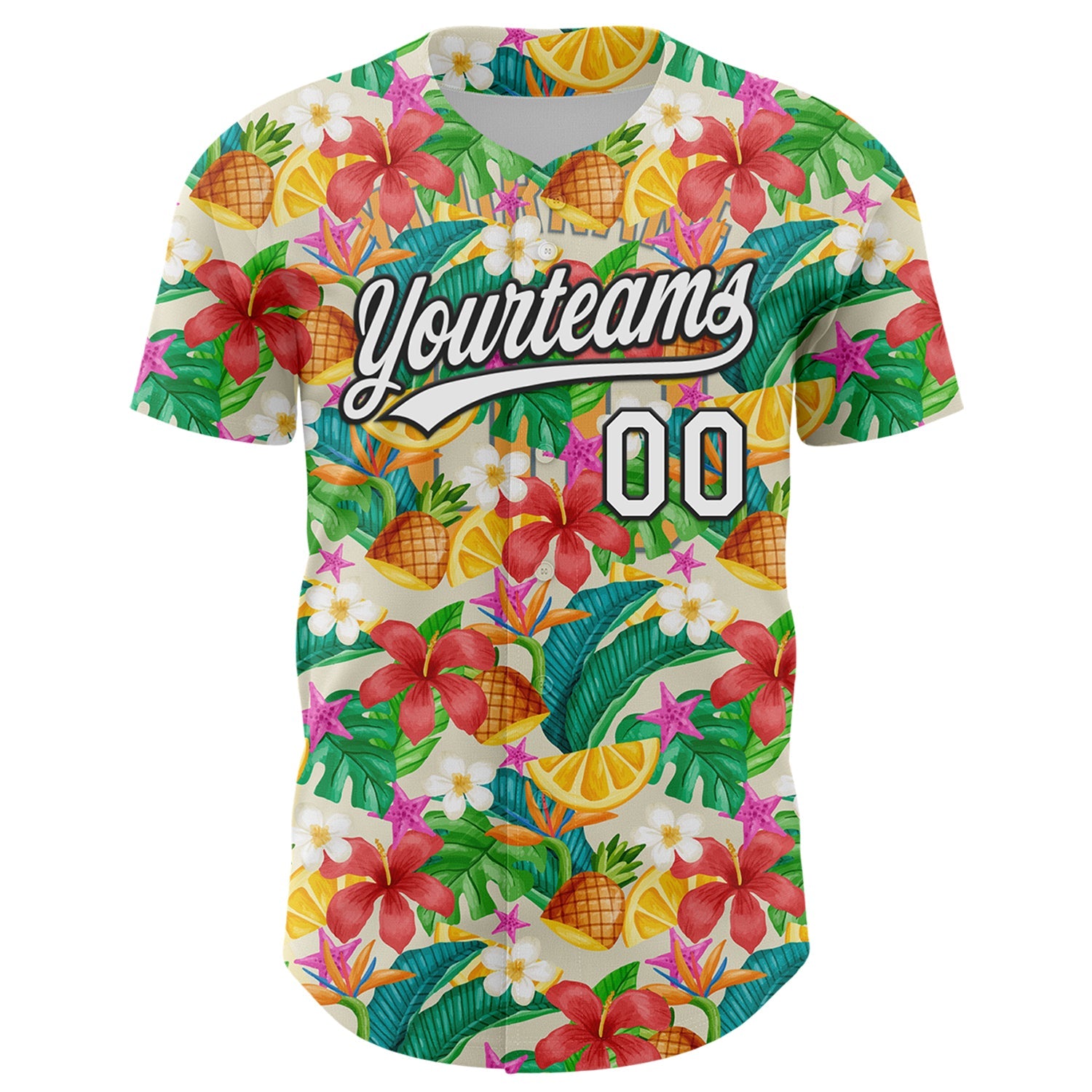 Custom Yellow White-Black 3D Hawaii Tropical Palm Leaves Flower And Fruit Pineapple Authentic Baseball Jersey view 2