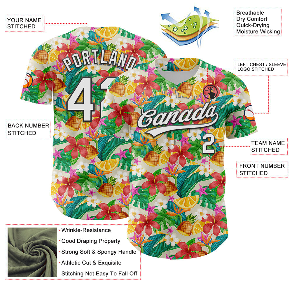 Custom Yellow White-Black 3D Hawaii Tropical Palm Leaves Flower And Fruit Pineapple Authentic Baseball Jersey view 3