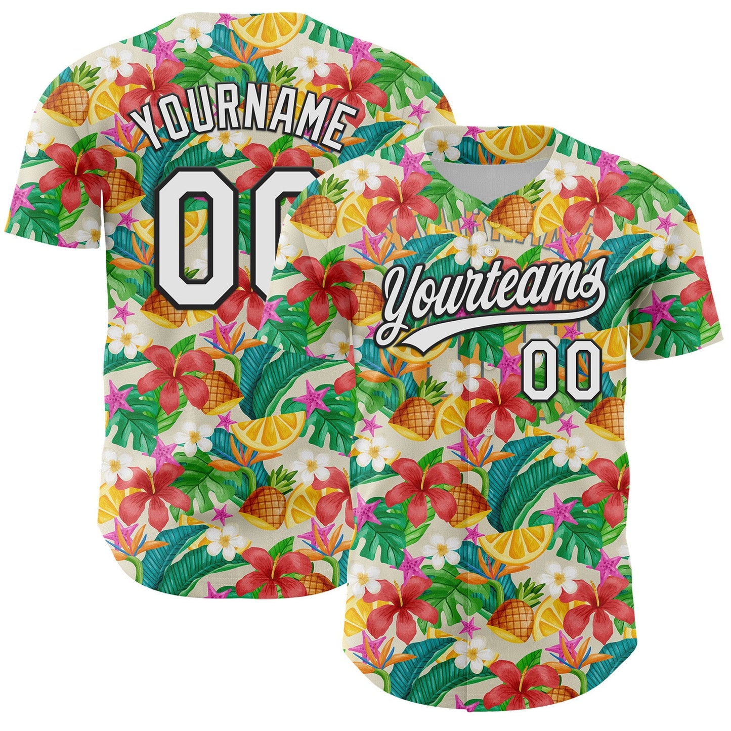 Custom Yellow White-Black 3D Hawaii Tropical Palm Leaves Flower And Fruit Pineapple Authentic Baseball Jersey - Main View