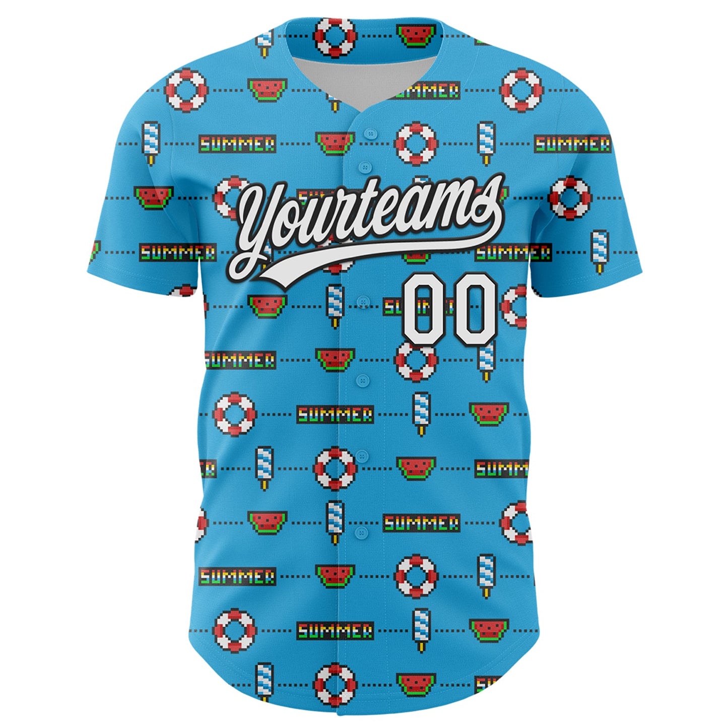 Custom Sky Blue White-Black 3D Hawaii Summer Fruit Watermelon Authentic Baseball Jersey view 2