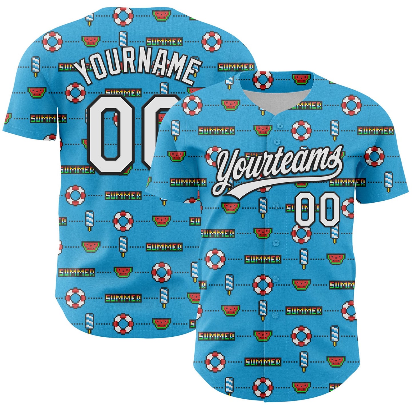 Custom Sky Blue White-Black 3D Hawaii Summer Fruit Watermelon Authentic Baseball Jersey - Main View