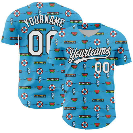 Custom Sky Blue White-Black 3D Hawaii Summer Fruit Watermelon Authentic Baseball Jersey - Main View