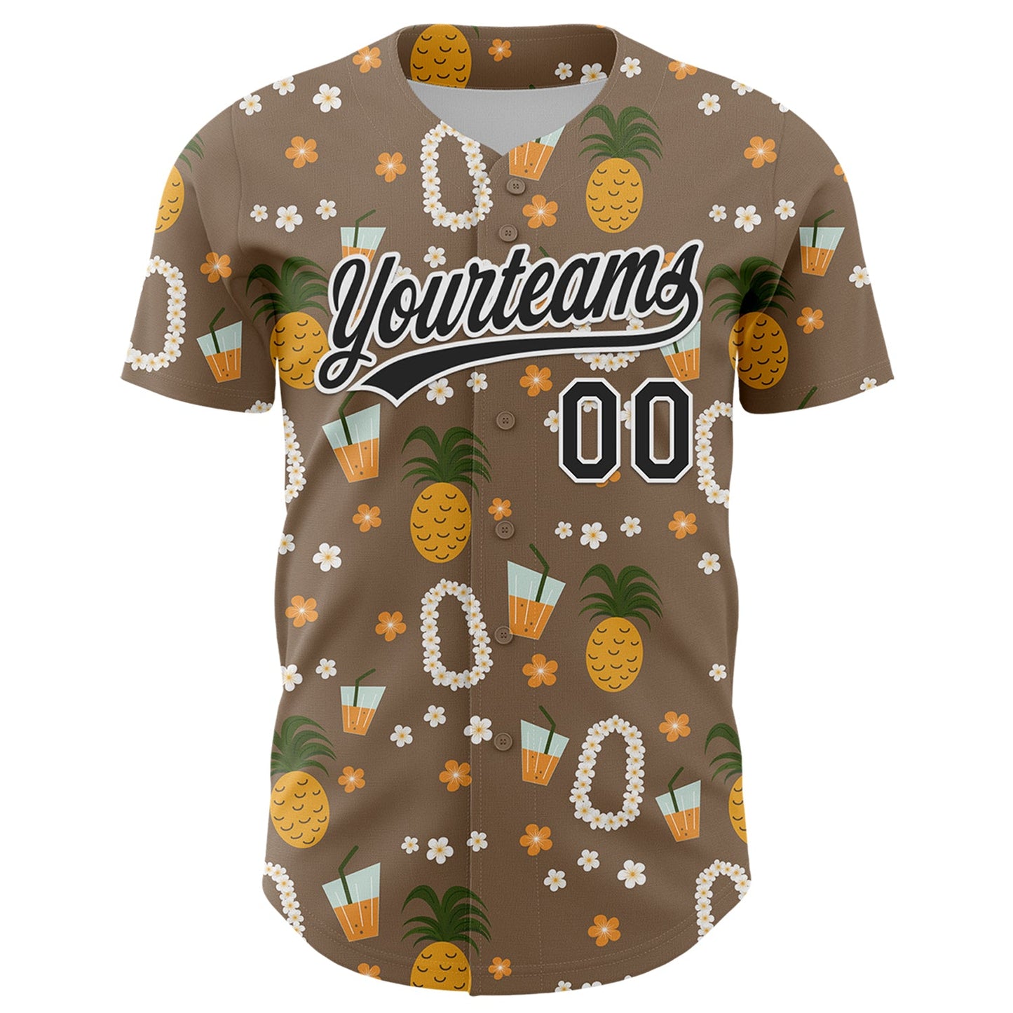 Custom Brown Black-White 3D Hawaii Flower And Fruit Pineapple Authentic Baseball Jersey view 2
