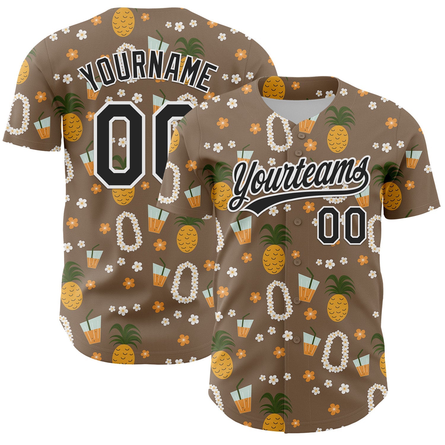 Custom Brown Black-White 3D Hawaii Flower And Fruit Pineapple Authentic Baseball Jersey - Main View