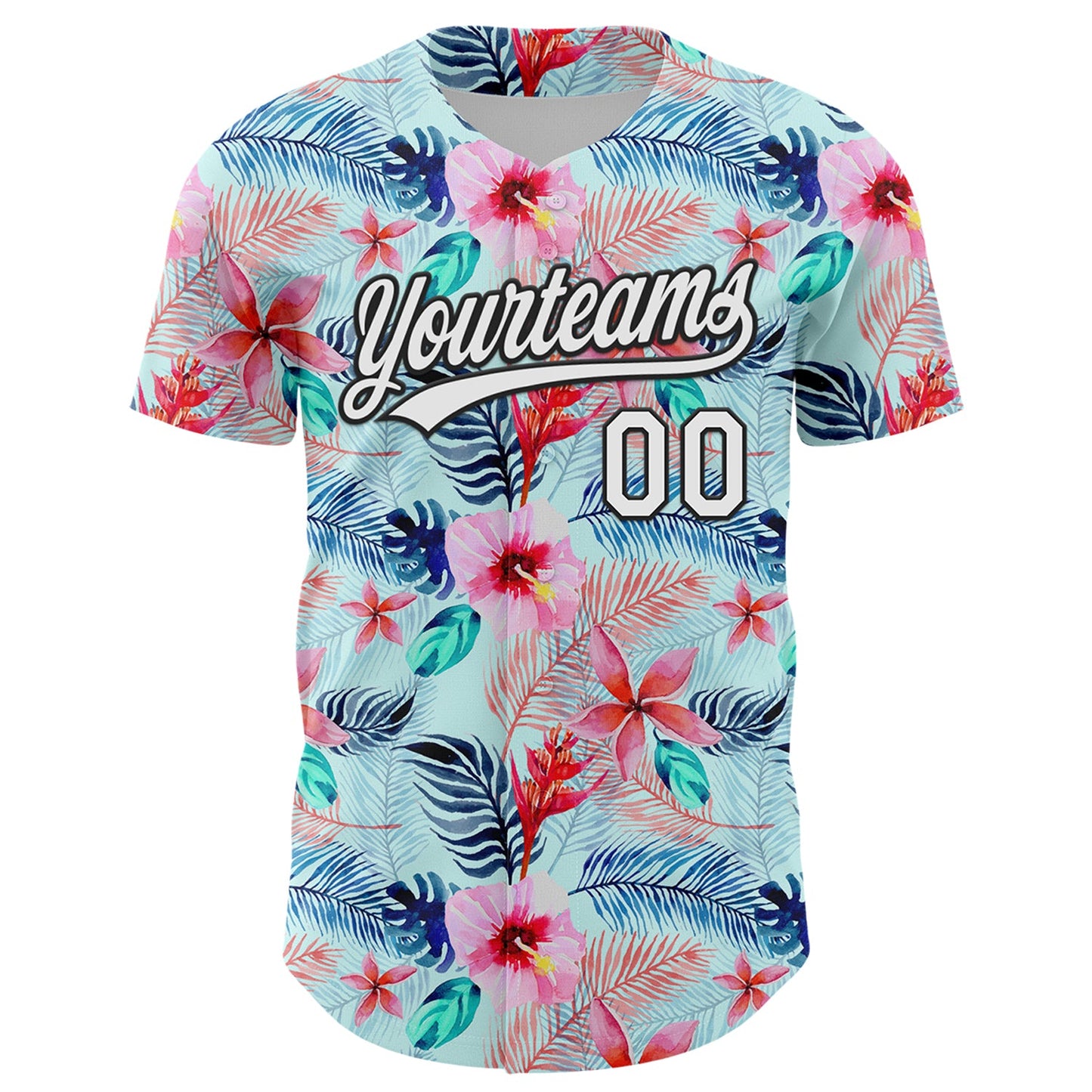 Custom Ice Blue White-Black 3D Hawaii Tropical Palm Leaves And Flower Authentic Baseball Jersey view 2