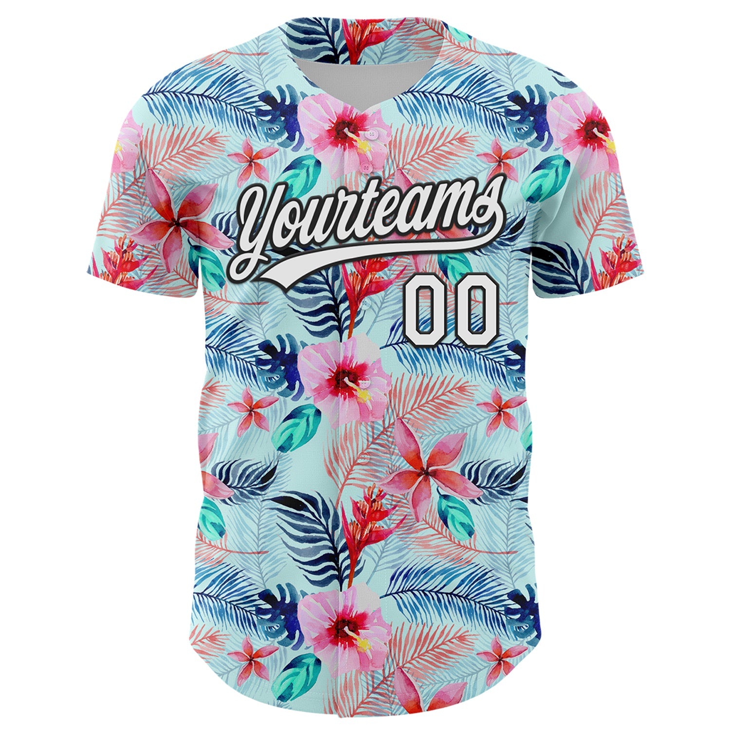 Custom Ice Blue White-Black 3D Hawaii Tropical Palm Leaves And Flower Authentic Baseball Jersey view 2