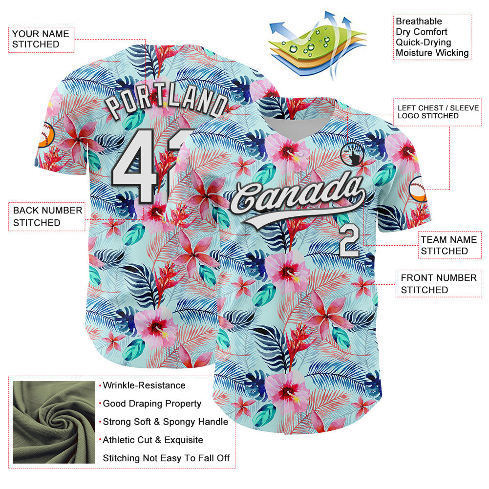 Custom Ice Blue White-Black 3D Hawaii Tropical Palm Leaves And Flower Authentic Baseball Jersey view 3