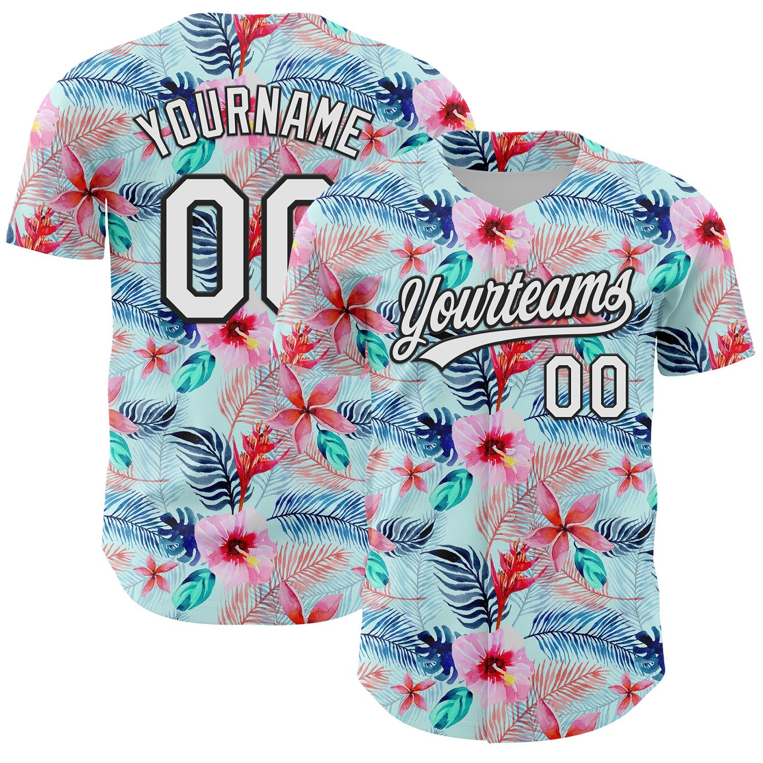 Custom Ice Blue White-Black 3D Hawaii Tropical Palm Leaves And Flower Authentic Baseball Jersey - Main View
