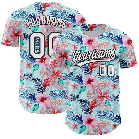 Custom Ice Blue White-Black 3D Hawaii Tropical Palm Leaves And Flower Authentic Baseball Jersey - Main View