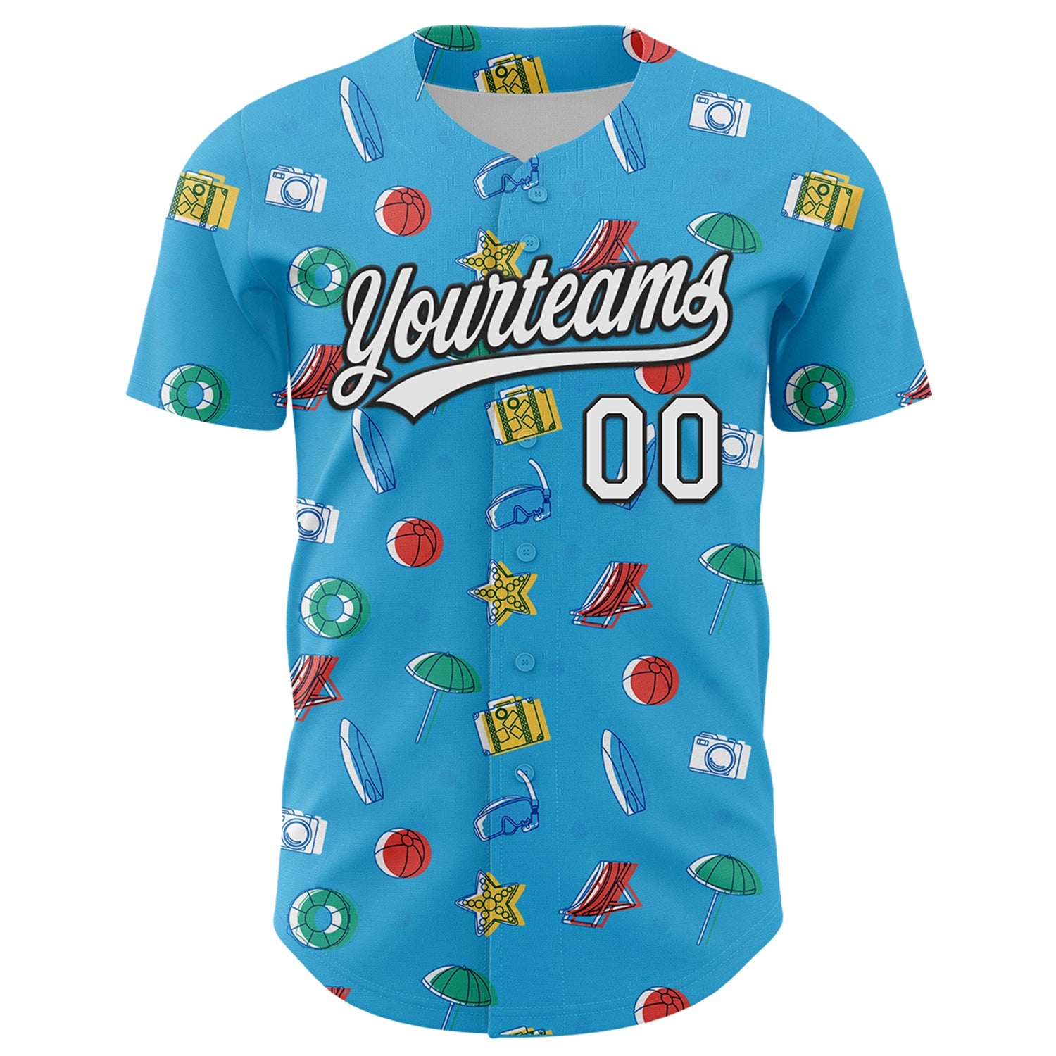 Custom Sky Blue White-Black 3D Hawaii Beach Holiday Authentic Baseball Jersey view 2