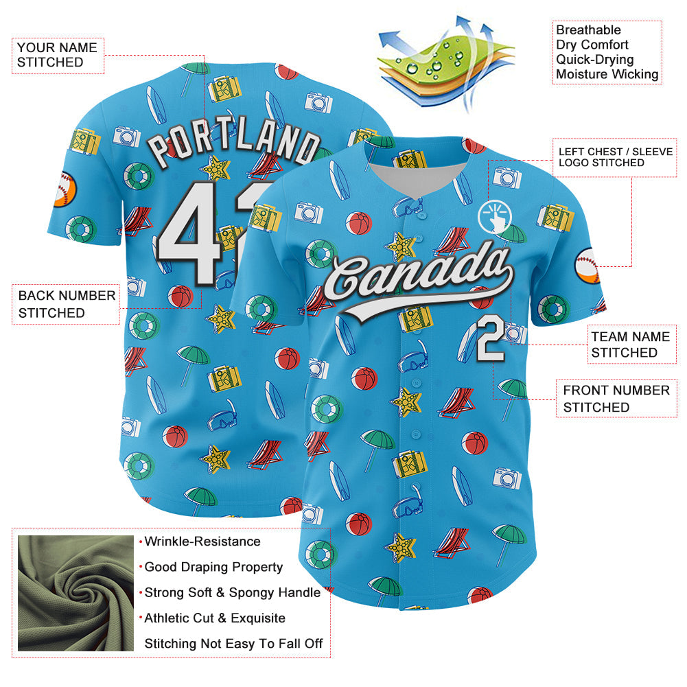 Custom Sky Blue White-Black 3D Hawaii Beach Holiday Authentic Baseball Jersey view 3