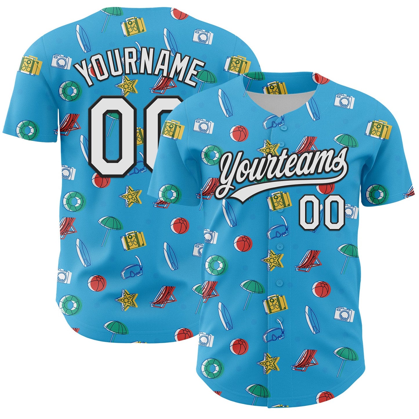 Custom Sky Blue White-Black 3D Hawaii Beach Holiday Authentic Baseball Jersey - Main View