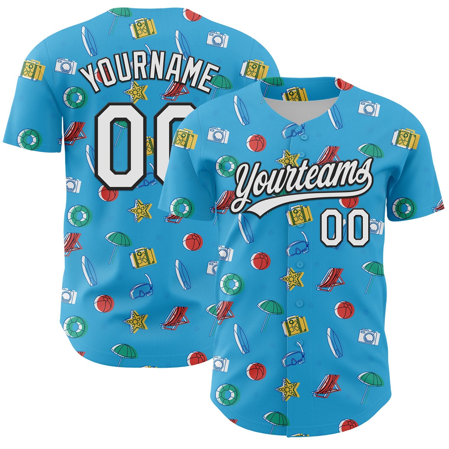 Custom Sky Blue White-Black 3D Hawaii Beach Holiday Authentic Baseball Jersey - Main View