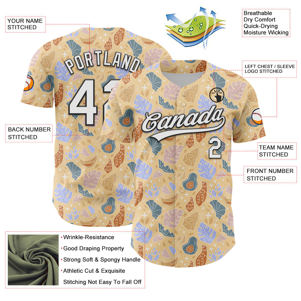 Custom Brown White-Black 3D Hawaii Tropical Palm Leaves Authentic Baseball Jersey view 3