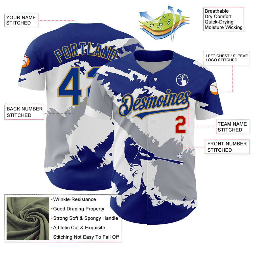 Custom Royal Gray Old Gold-Red 3D El Salvador El Salvadoran Flag Authentic Baseball Jersey view 3