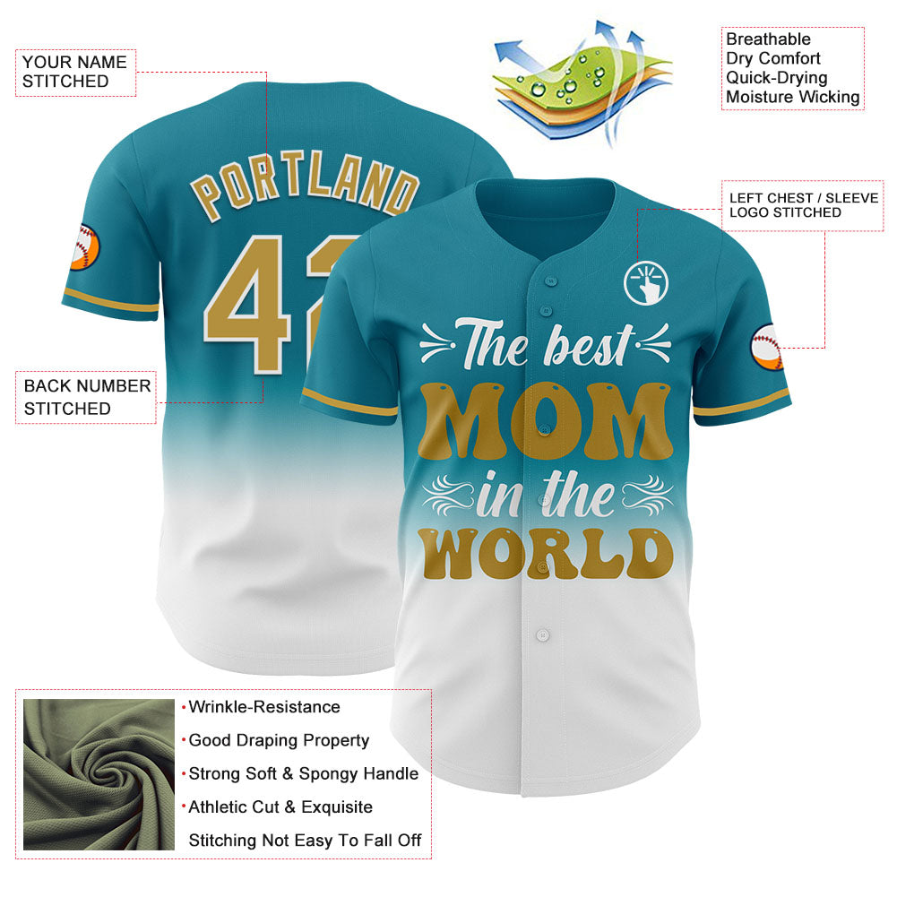 Custom Teal Old Gold-White 3D Pattern Design Gradient Mother's Day Authentic Baseball Jersey view 3