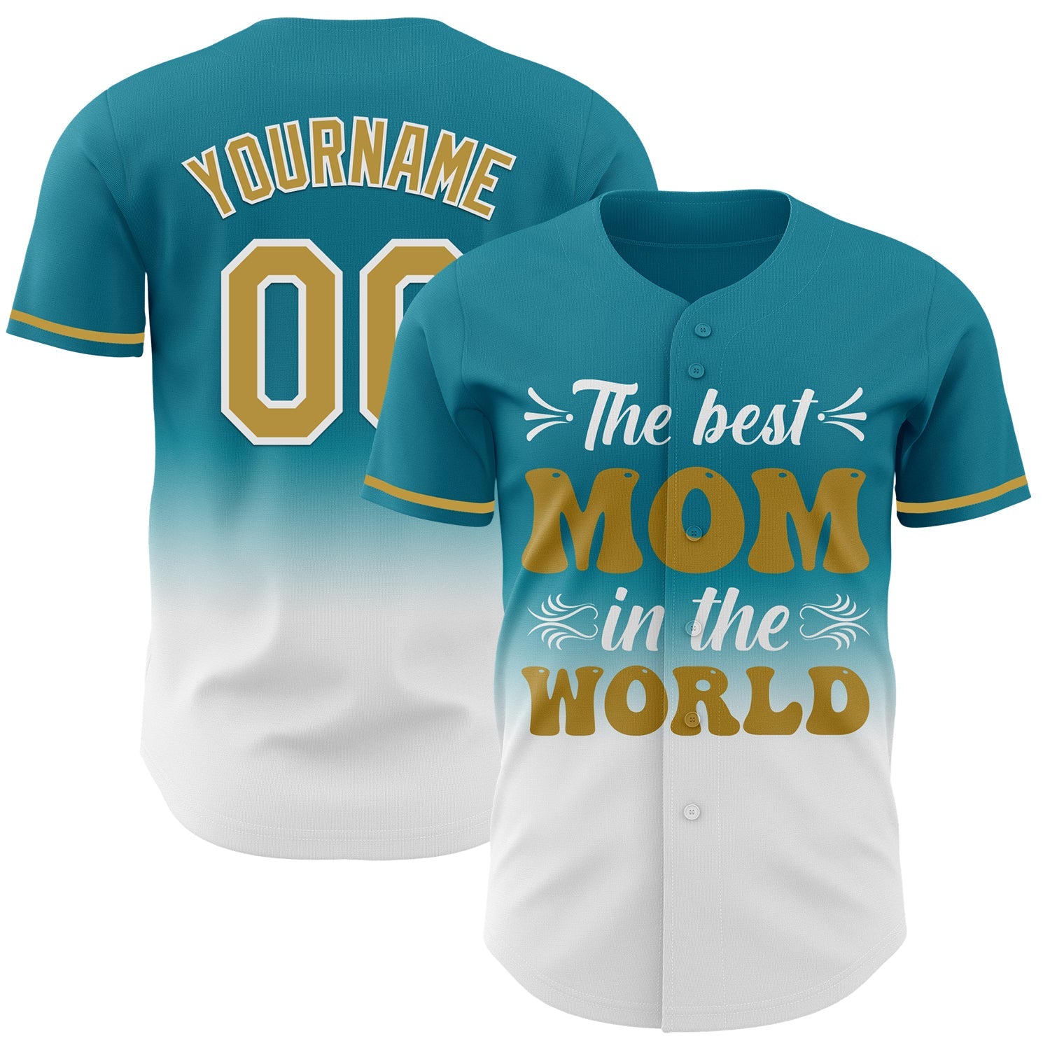Custom Teal Old Gold-White 3D Pattern Design Gradient Mother's Day Authentic Baseball Jersey - Main View