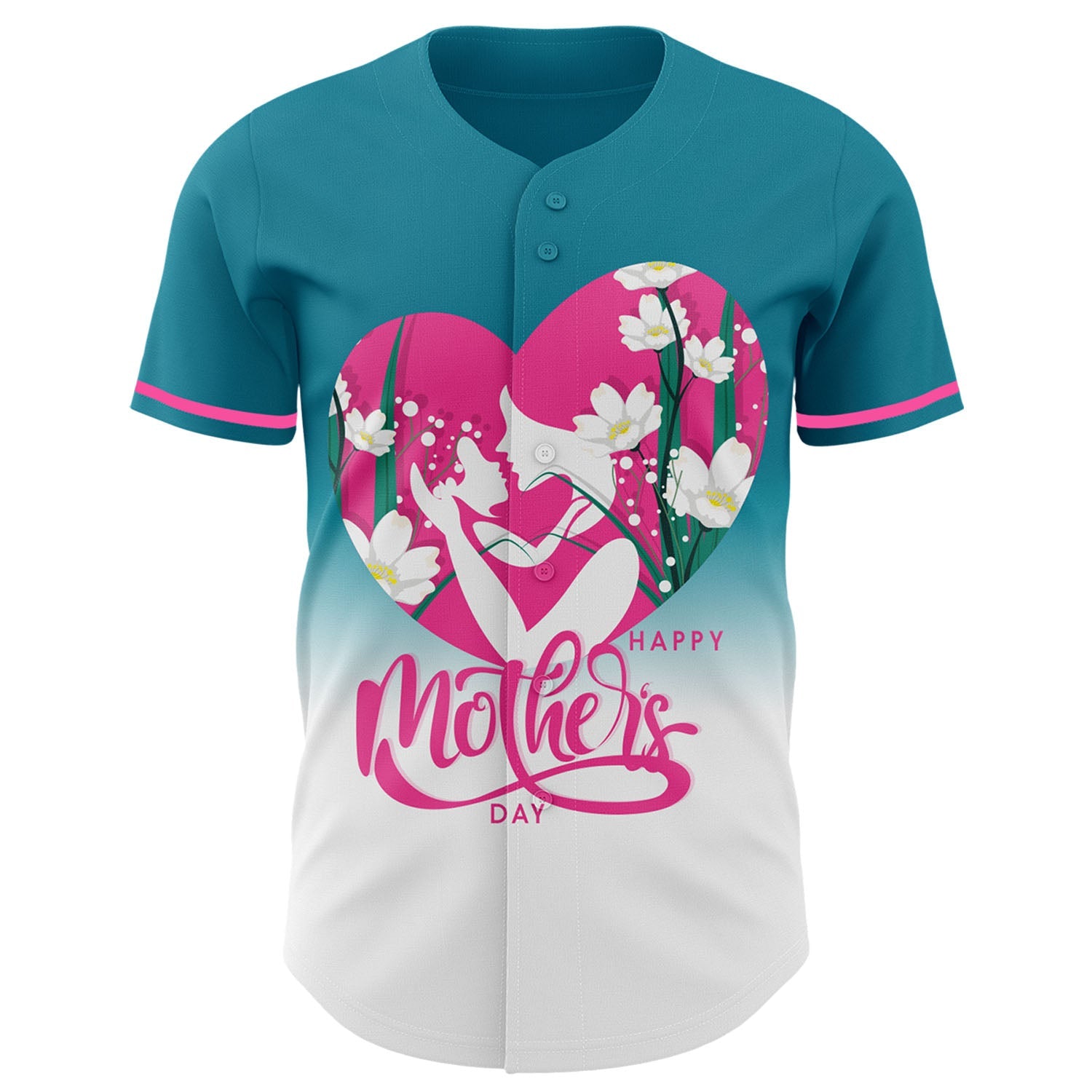 Custom Teal Pink-White 3D Pattern Design Gradient Mother's Day Family Love Authentic Baseball Jersey view 2