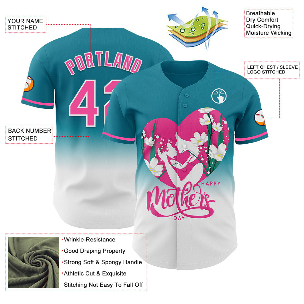 Custom Teal Pink-White 3D Pattern Design Gradient Mother's Day Family Love Authentic Baseball Jersey view 3